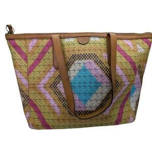 Fossil Woven Tote Bag Geometric Pattern Leather Trim Zipper Top Beach‎ Travel